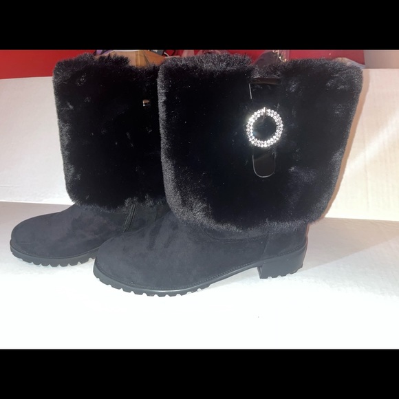 Midnight Velvet Black Sequined Buckled & Fur WMNS Boots SIZE: 10M - Picture 2 of 9